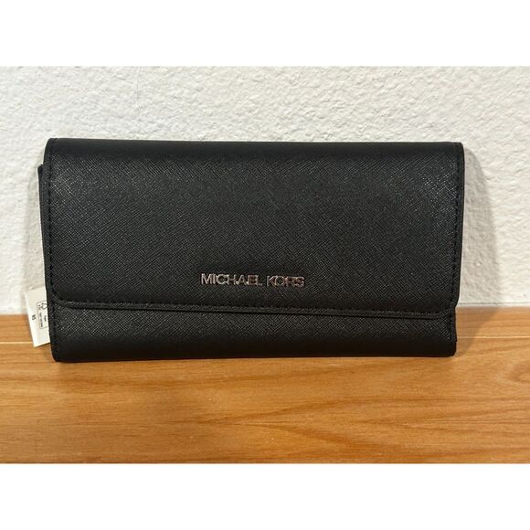 Michael Kors Jet Set Travel Crossgrain Leather Tri-Fold Black Wallet NWT - Picture 1 of 5